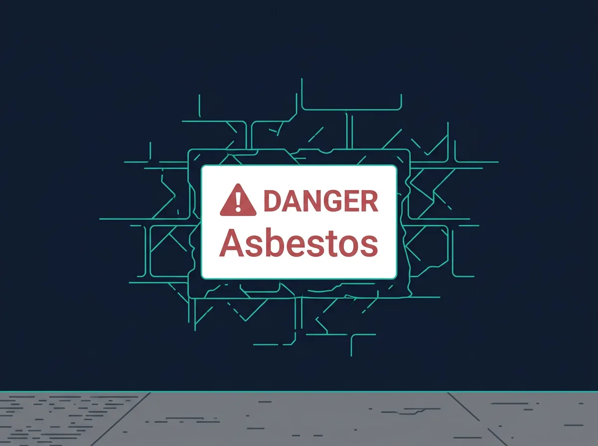 Red DANGER Asbestos warning sticker on a rough-rendered wall above a garage door