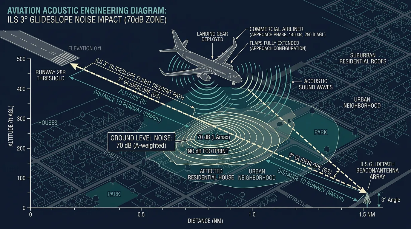 Aviation acoustic engineering diagram of 3-degree ILS glideslope flight descent path over residential roofs