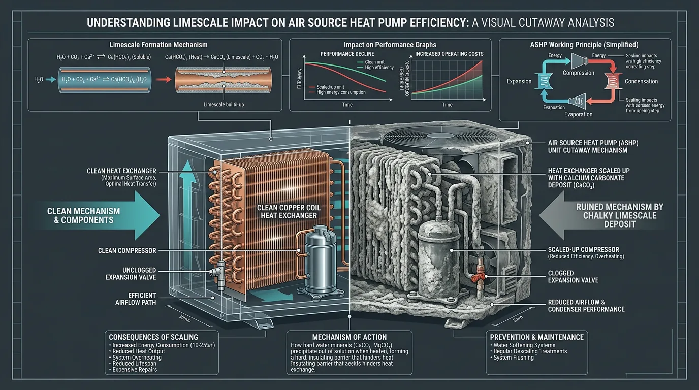 Air source heat pump cutaway fouled by limescale mineral deposit