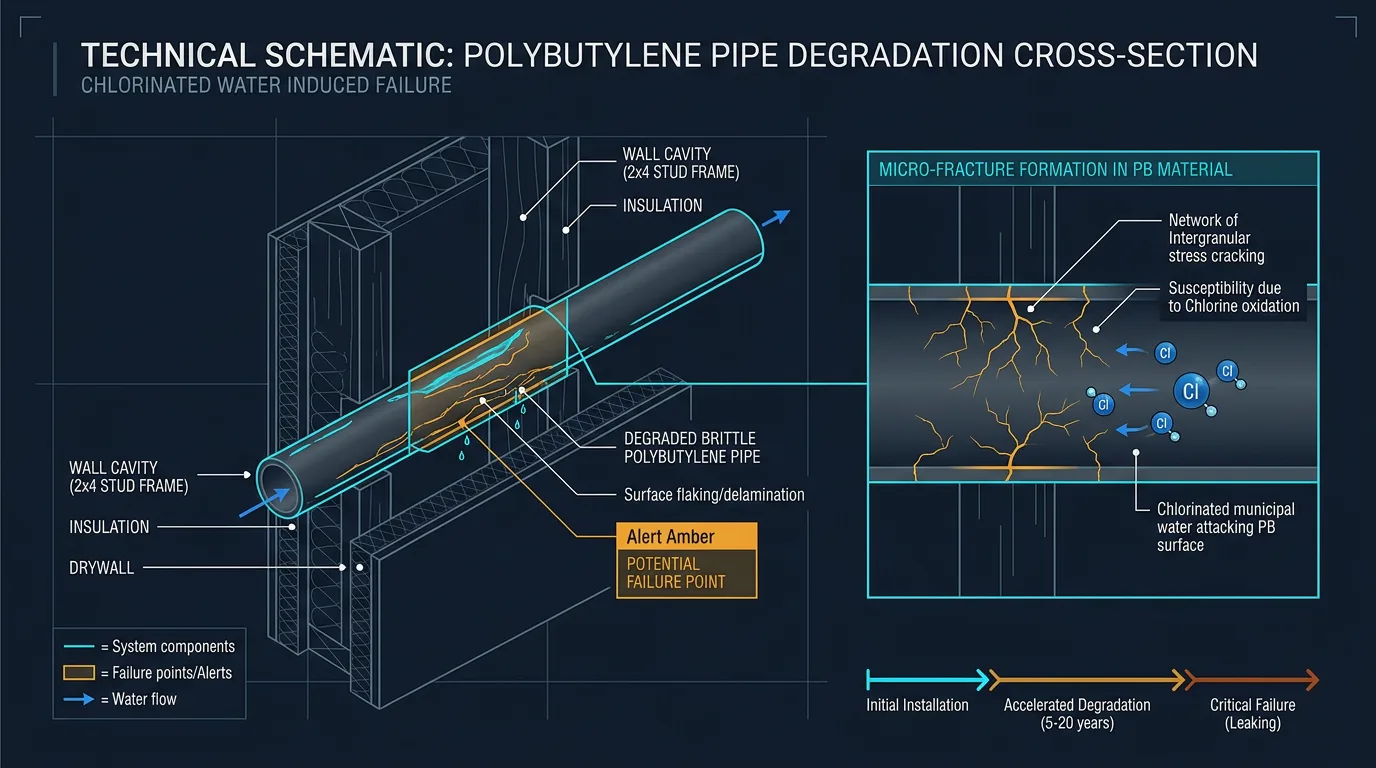 Cross-section diagram of degraded polybutylene pipe leaking inside a wall cavity