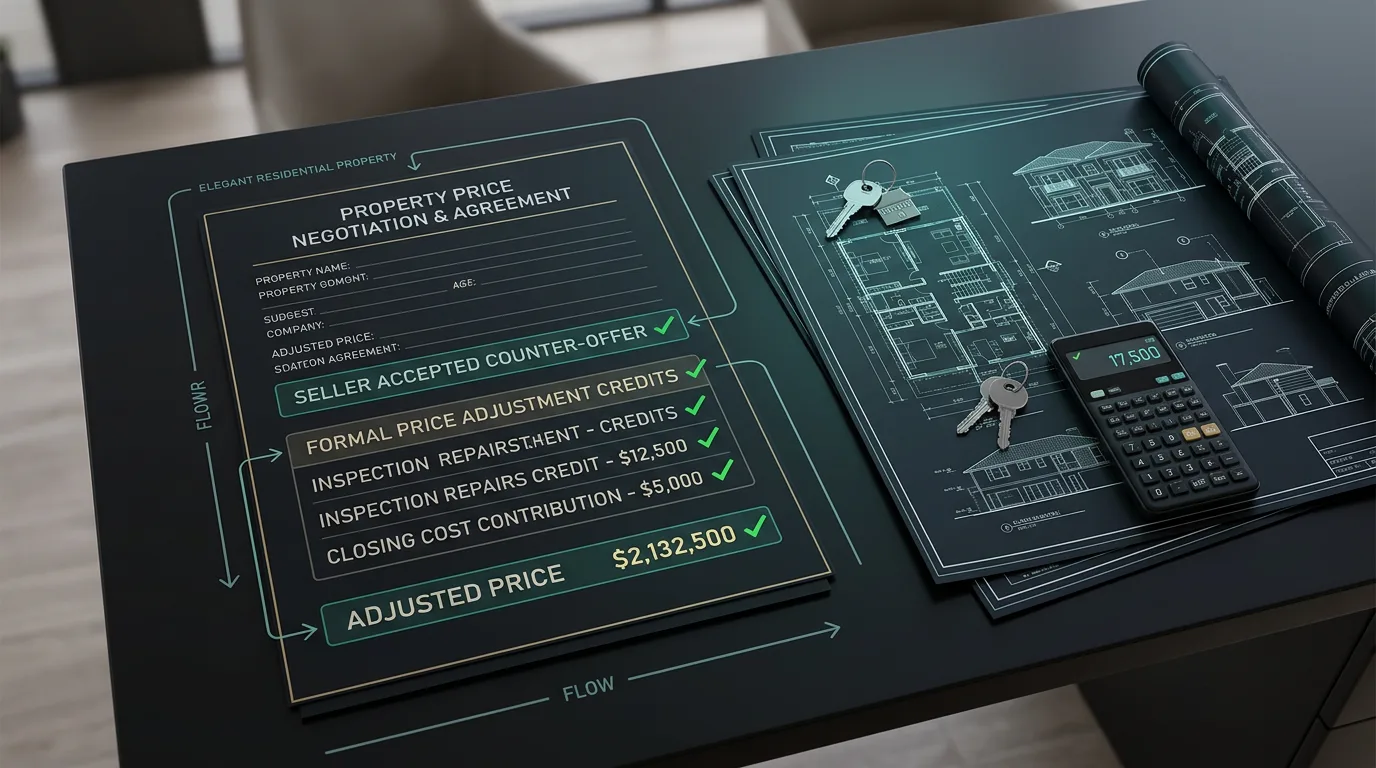 Property price adjustment draft document on desk with blueprints and calculator